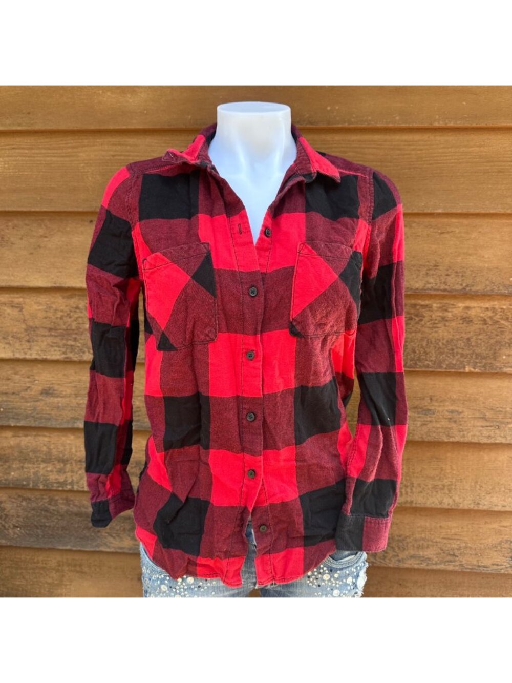 Red & Black Plaid Button-Up Shirt Long Sleeve Size 4 Divided 100% Cotton Casual
